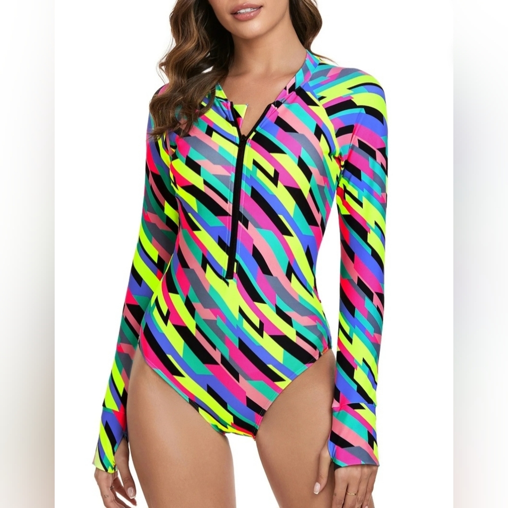 RELLECIGA Neon Geometric Long Sleeve Swimsuit